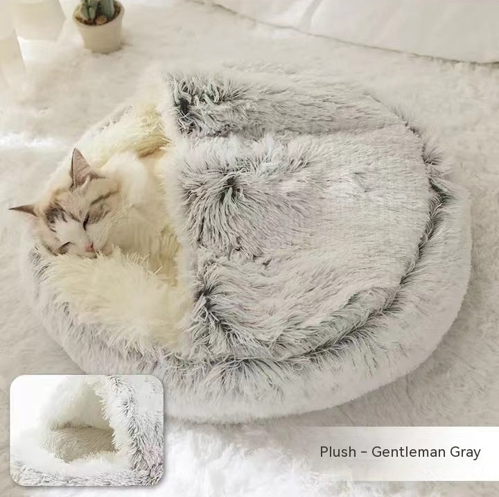 2-in-1 Plush Pet Bed - Round Winter Warm House for Dogs & Cats