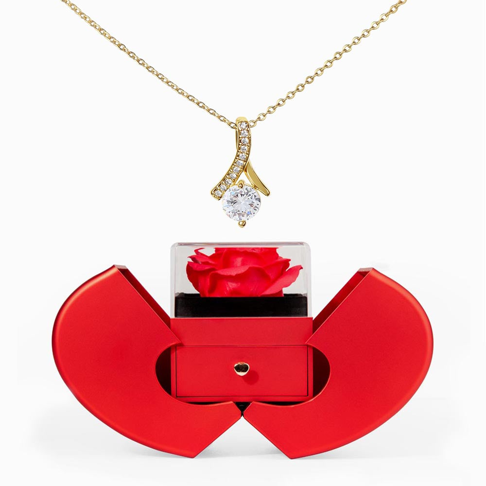 ALLURING Beauty Necklace - RED HEART ROSE BOX (White & Yellow Gold)